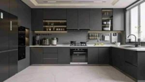 Spacious kitchen with black cabinets and marble countertops scaled 1
